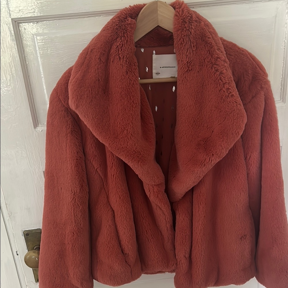 Anthropologie Pink and Orange Teddy Jacket Plush Faux Fur